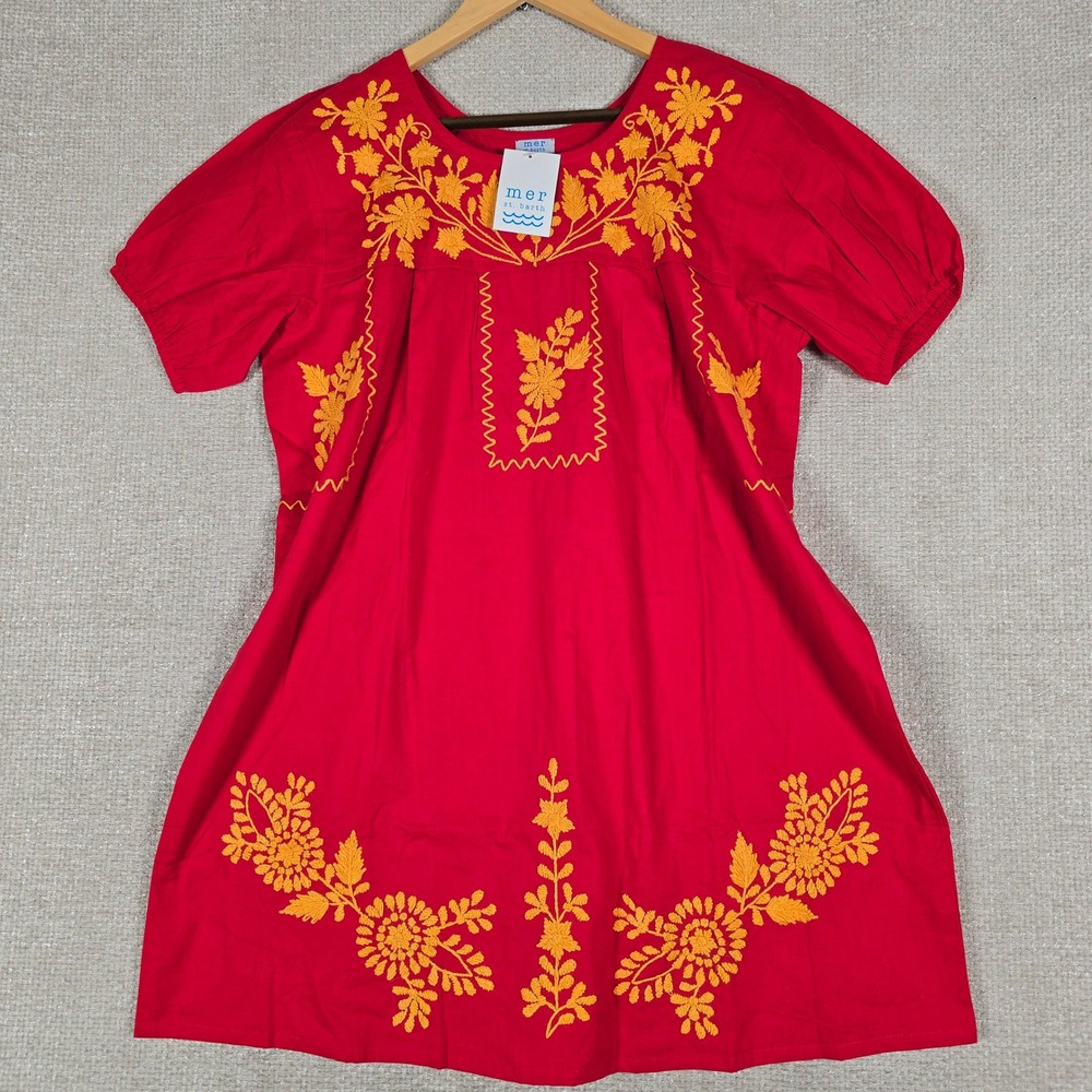 Mer St. Barth Womens Red Yellow Floral Embroidered Cotton Boho Mini Dress L NEW